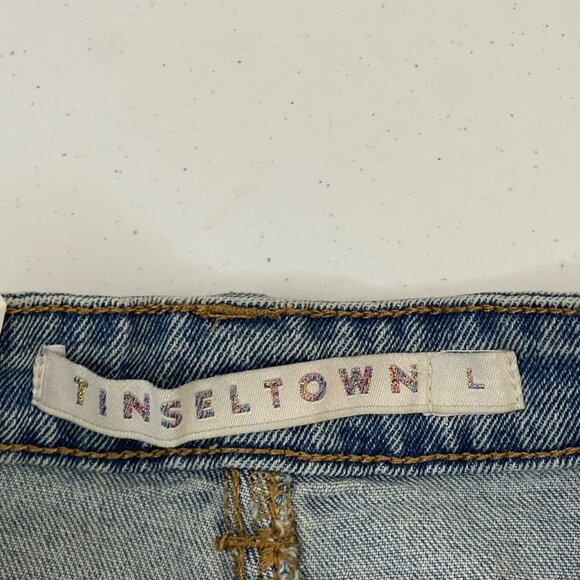 Tinseltown Distressed Denim Mini Skirt With Frayed Hem & Pockets Vintage Look - Picture 9 of 14